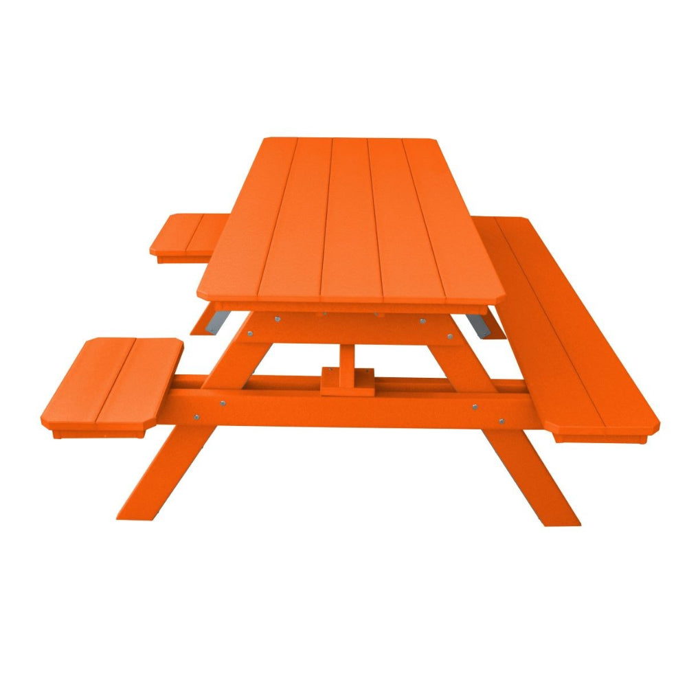 A&L Furniture 6 ft Orange poly lumber picnic table low angle side view attached benches