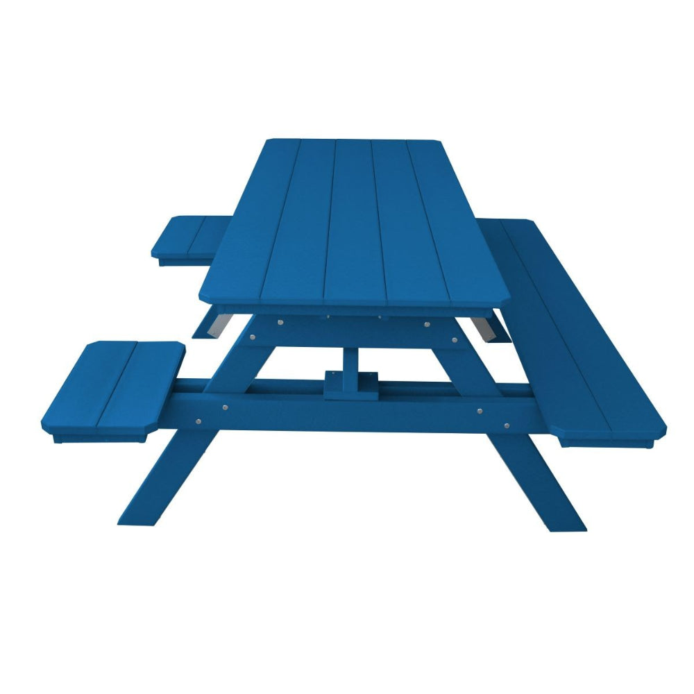 A&L Furniture 6 ft Pacific Blue poly lumber picnic table low angle side view attached benches