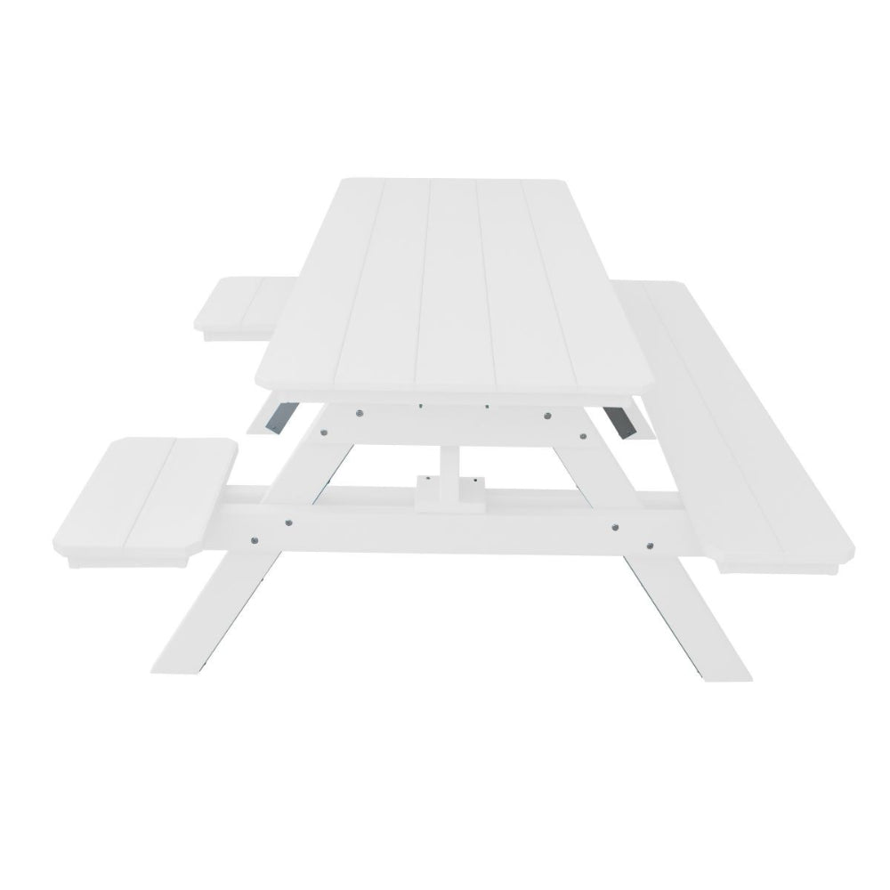 A&L Furniture 6 ft White poly lumber picnic table low angle side view attached benches