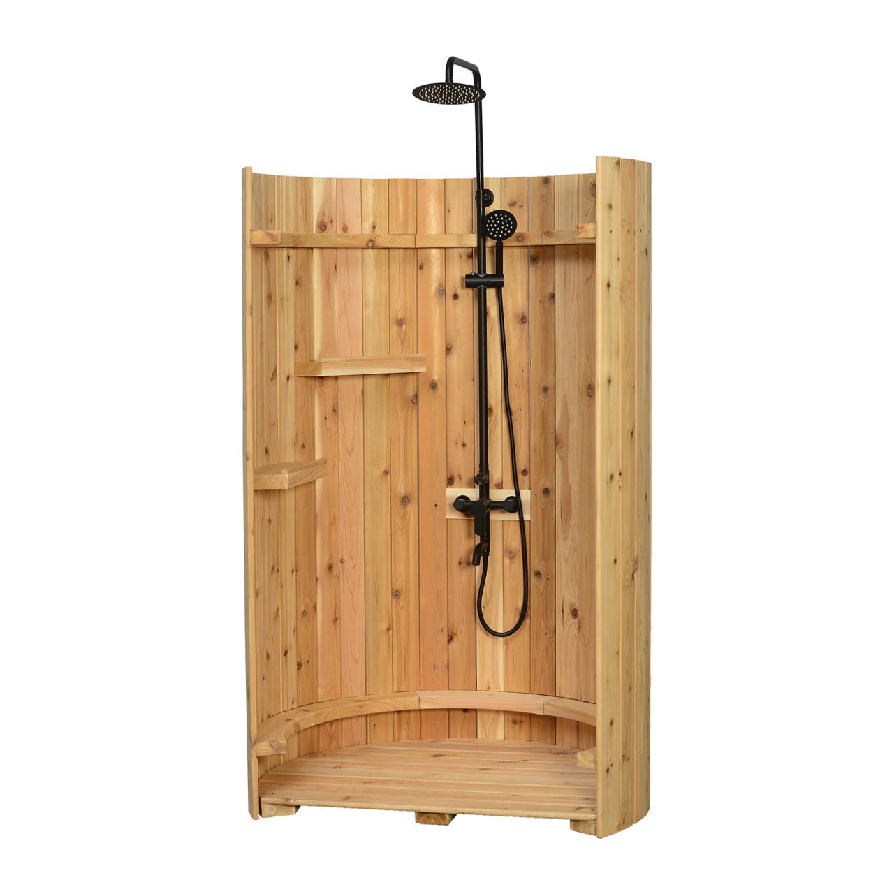 Crescent Curved Cedar Outdoor Shower – Matte Black Stainless Fixture
