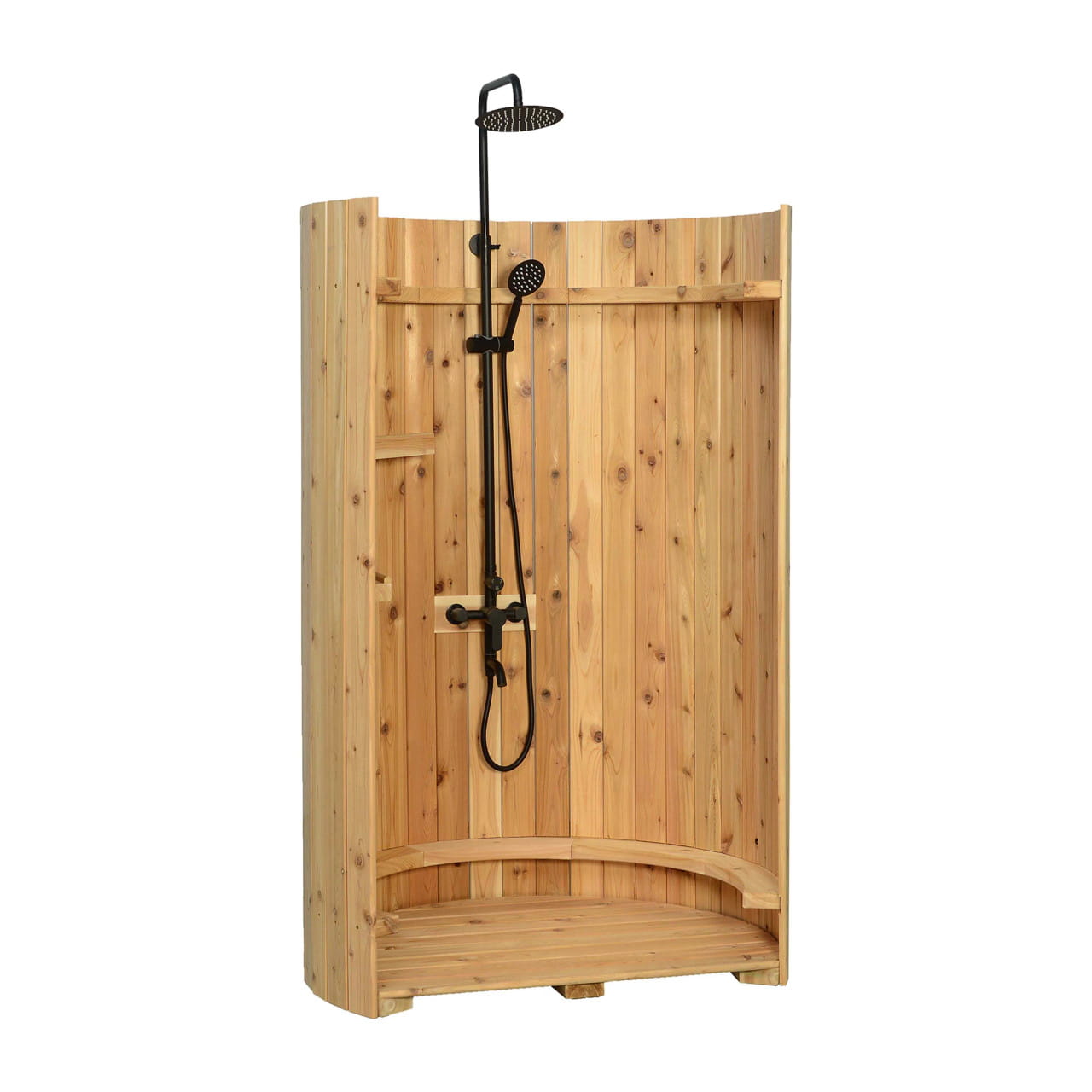 Crescent Curved Cedar Outdoor Shower – Matte Black Stainless Fixture