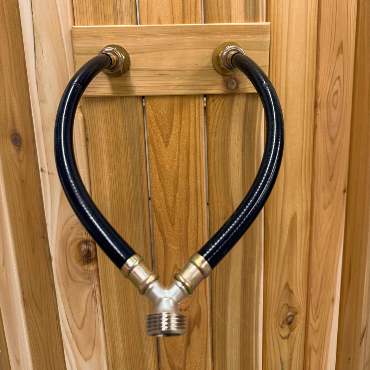 Crescent Curved Cedar Outdoor Shower – Matte Black Stainless Fixture