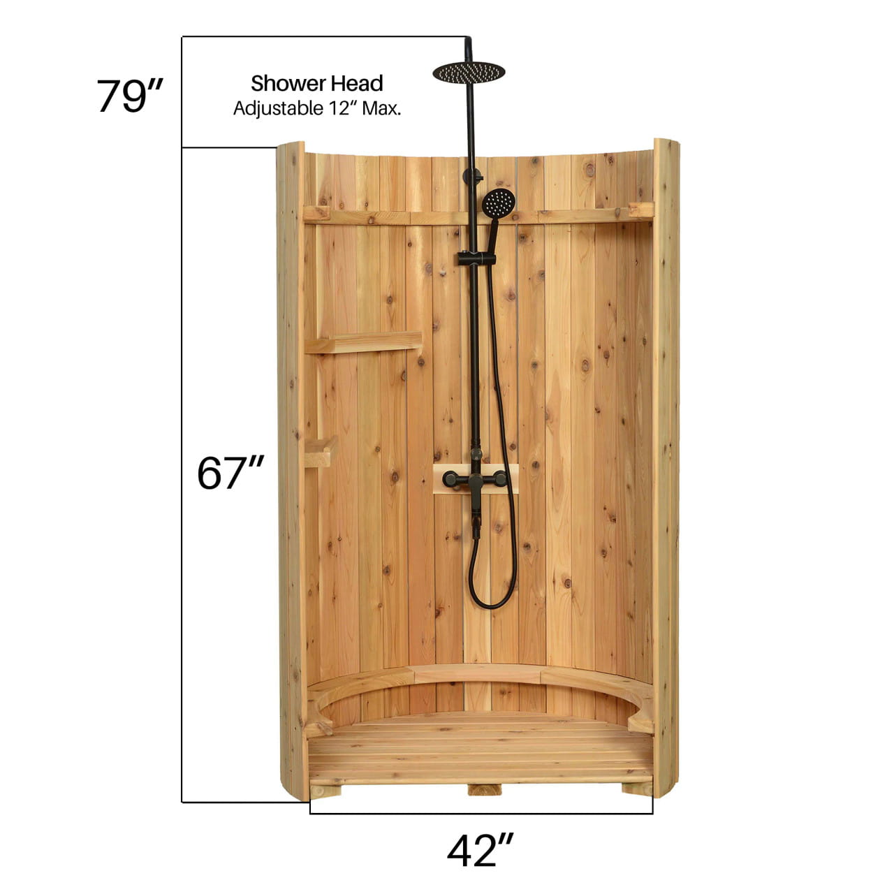 Crescent Curved Cedar Outdoor Shower – Matte Black Stainless Fixture