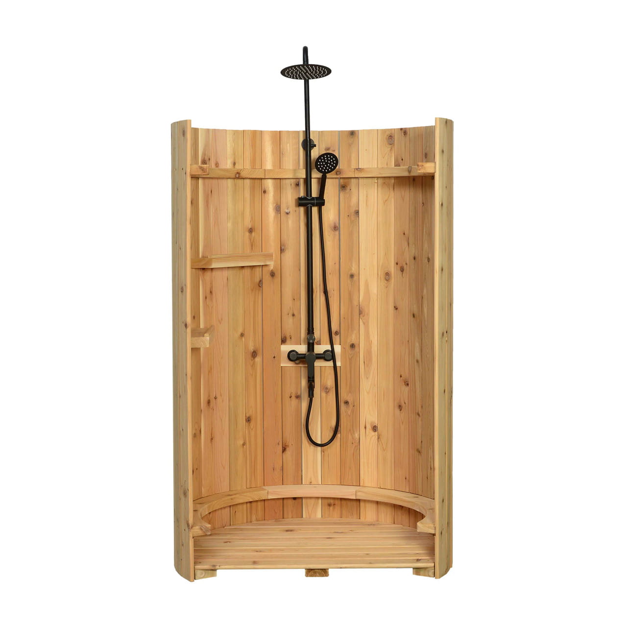 Crescent Curved Cedar Outdoor Shower – Matte Black Stainless Fixture