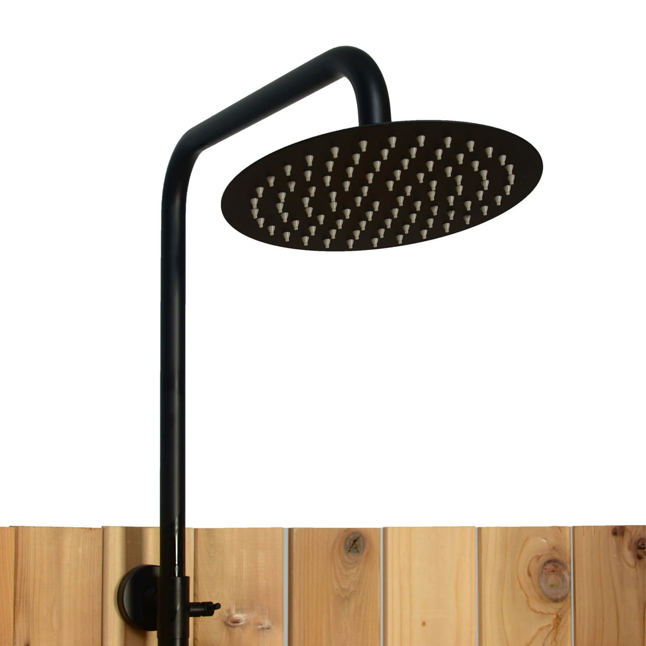 Crescent Curved Cedar Outdoor Shower – Matte Black Stainless Fixture