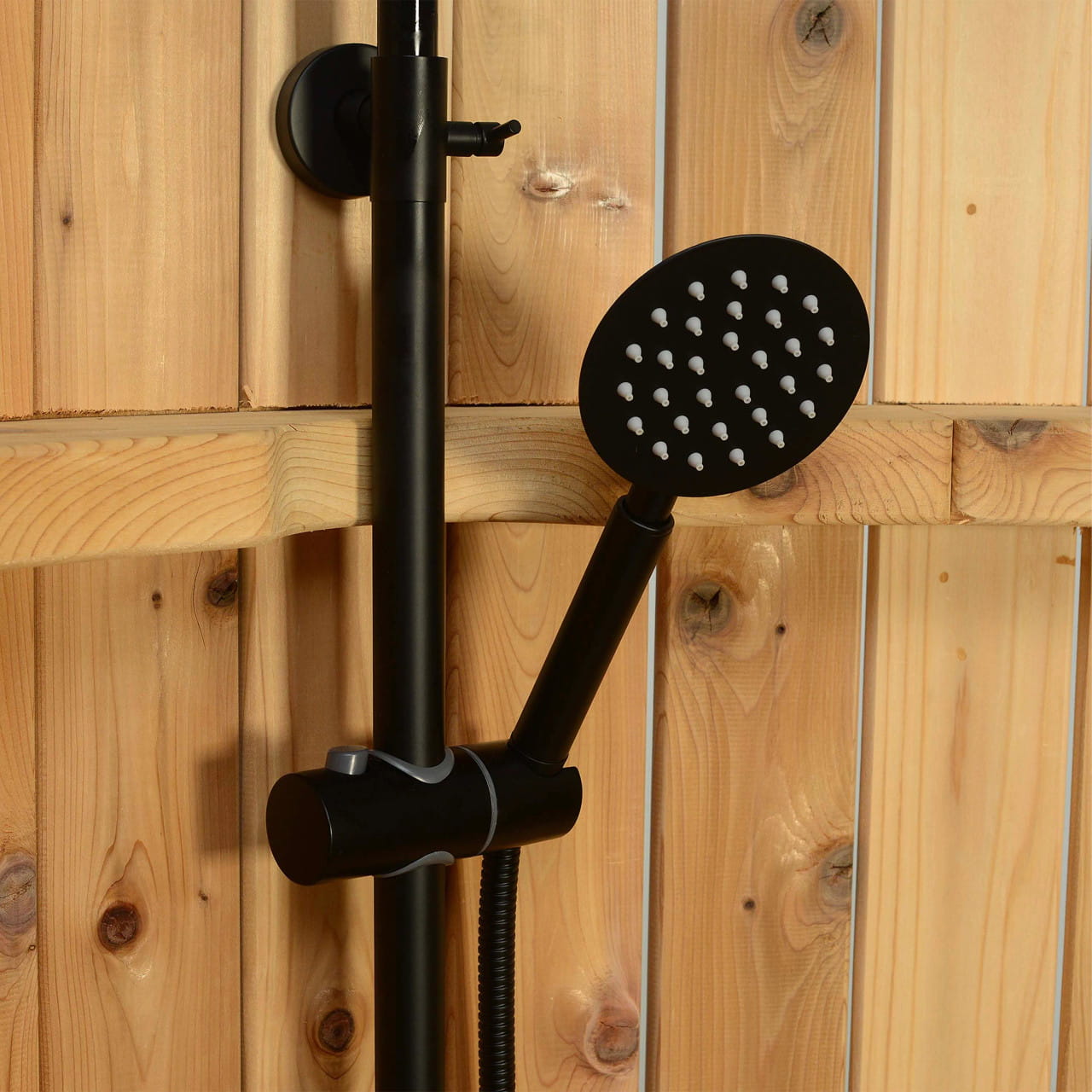 Crescent Curved Cedar Outdoor Shower – Matte Black Stainless Fixture