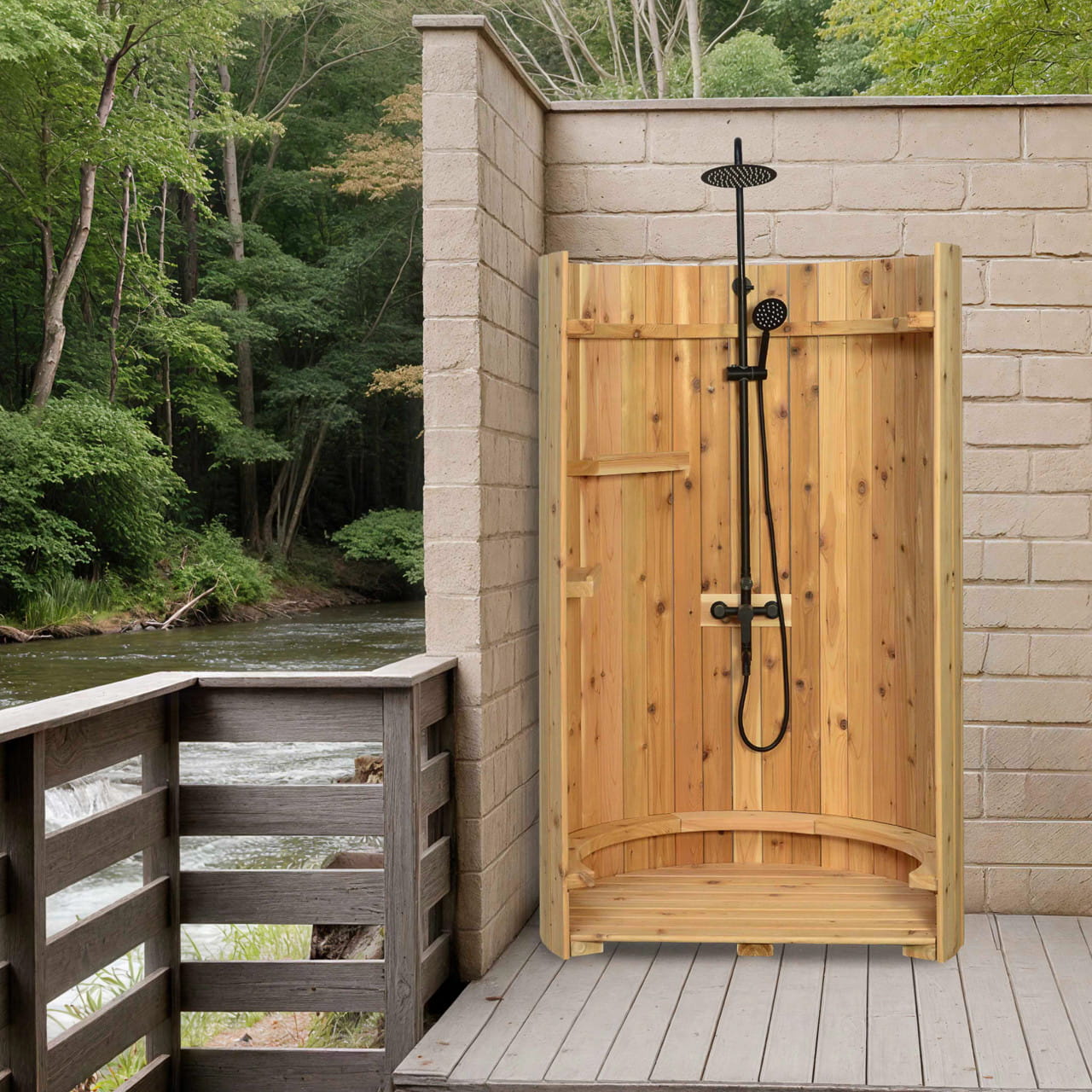 Crescent Curved Cedar Outdoor Shower – Matte Black Stainless Fixture