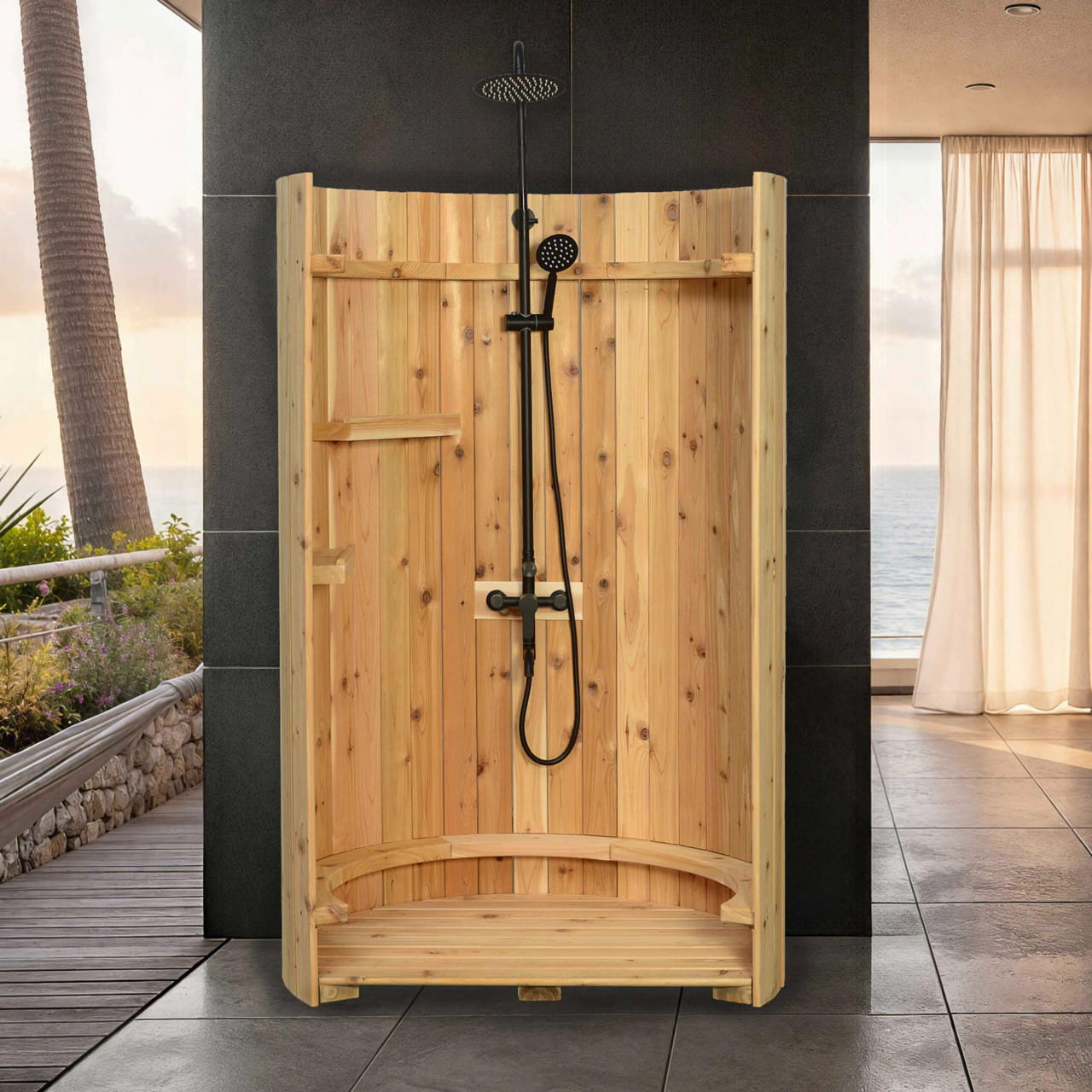 Crescent Curved Cedar Outdoor Shower – Matte Black Stainless Fixture