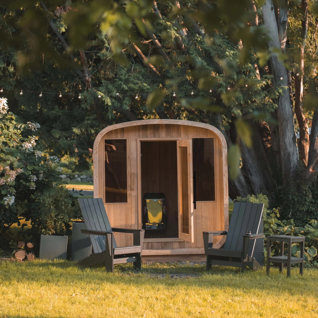 Arnica Cedar Square Sauna with Adjustable Benches & Windows –  Harvia Heater Included