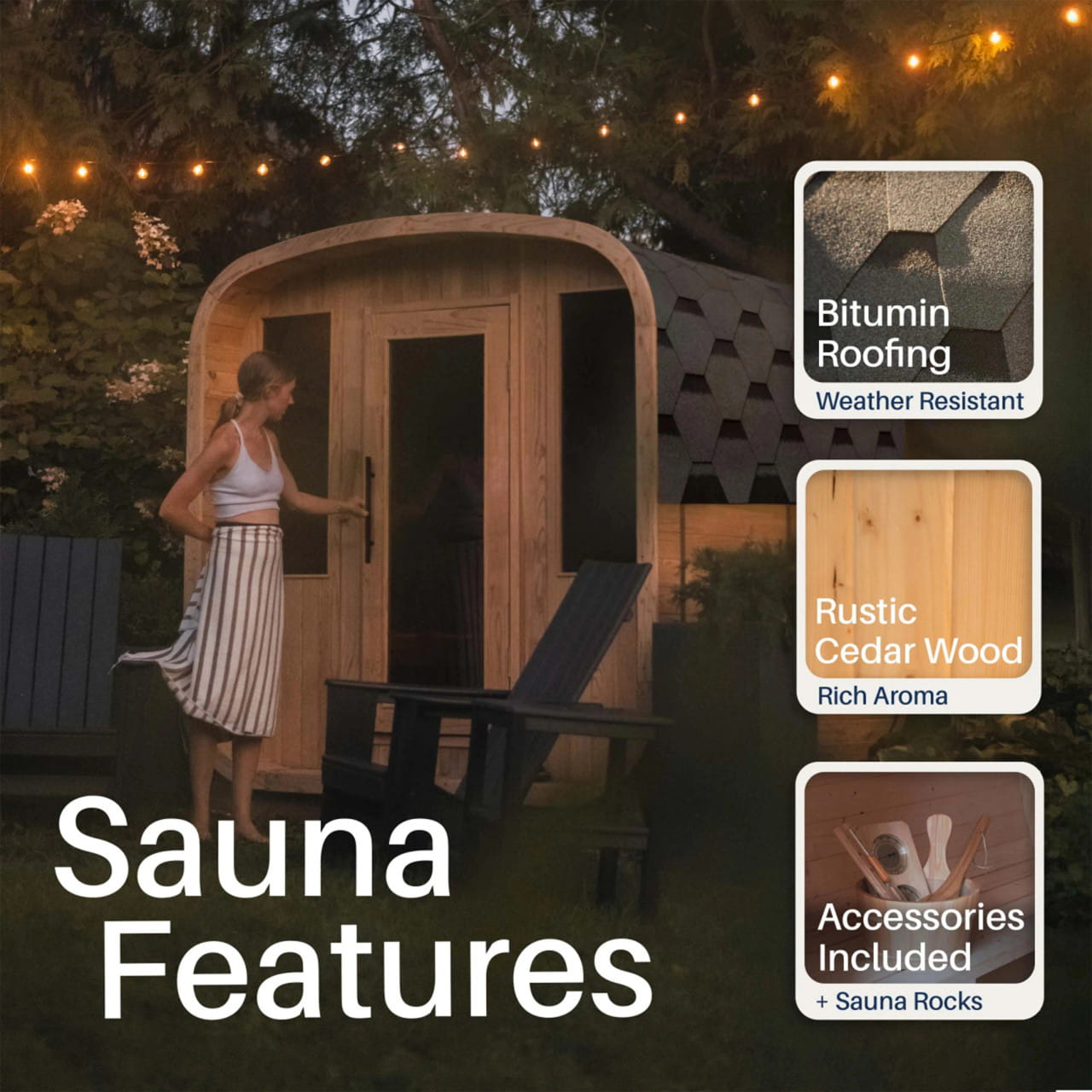 Arnica Cedar Square Sauna with Adjustable Benches & Windows –  Harvia Heater Included