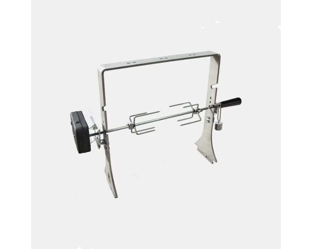 Arteflame Stainless Steel Rotisserie Kit with cordless motor, spit rod, and dual forks, angled side view