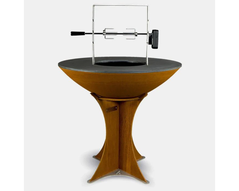 Arteflame Rotisserie Kit with cordless motor mounted on Arteflame Classic Corten Steel Grill with Tall Euro Base