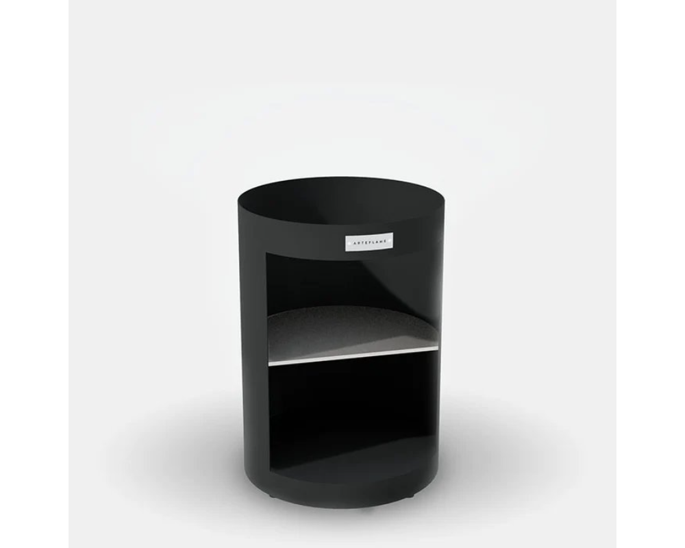 Arteflame Black Label Round Euro Base stand with interior storage shelf cutout, matte black steel finish side view