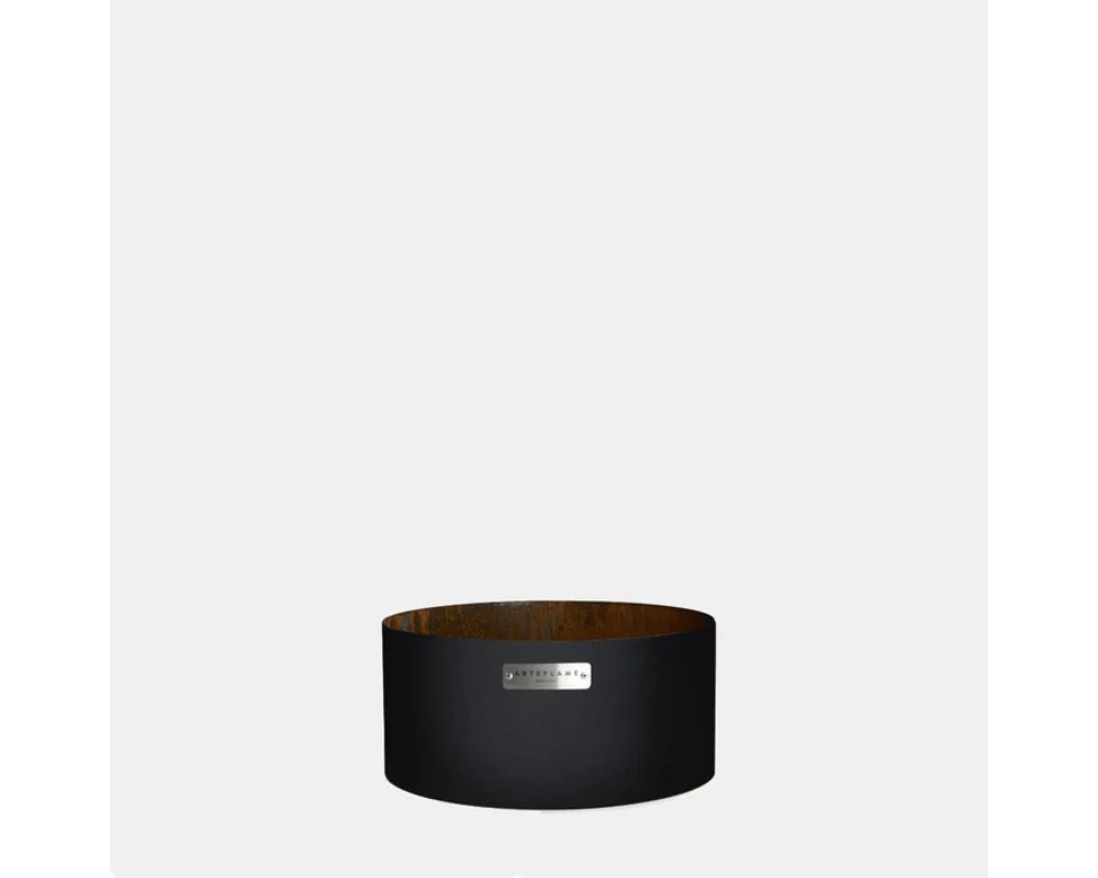 Arteflame Black Label Low Round Euro Base stand in matte black steel with corten interior finish, front view