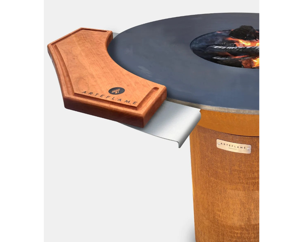 Arteflame Cherry Wood Cutting Board mounted on Arteflame Corten Steel Grill edge with stainless steel bracket attachment