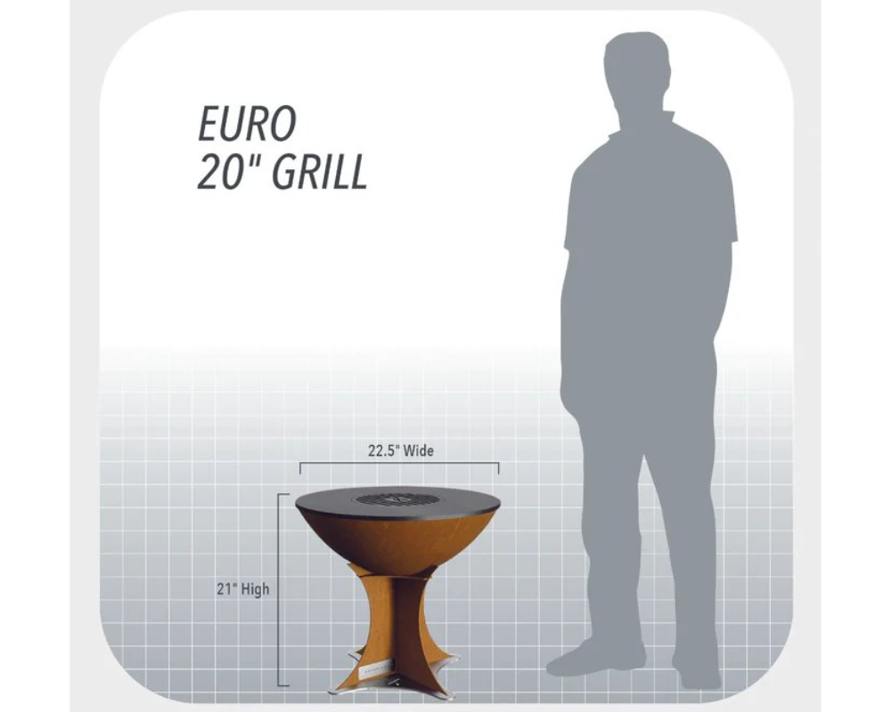 ArteArteflame Euro 20" Grill size chart – 21" high x 22.5" wide corten steel fire pit grill compared to adult heightflame Classic 20″ Grill – Tall Euro Base