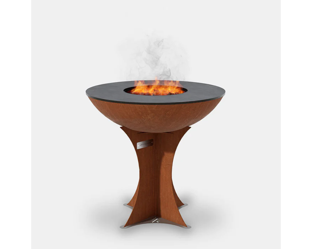 Arteflame Classic 30" Corten Steel Grill with Tall Euro Base, black flat-top cooking surface and open center flame fire pit