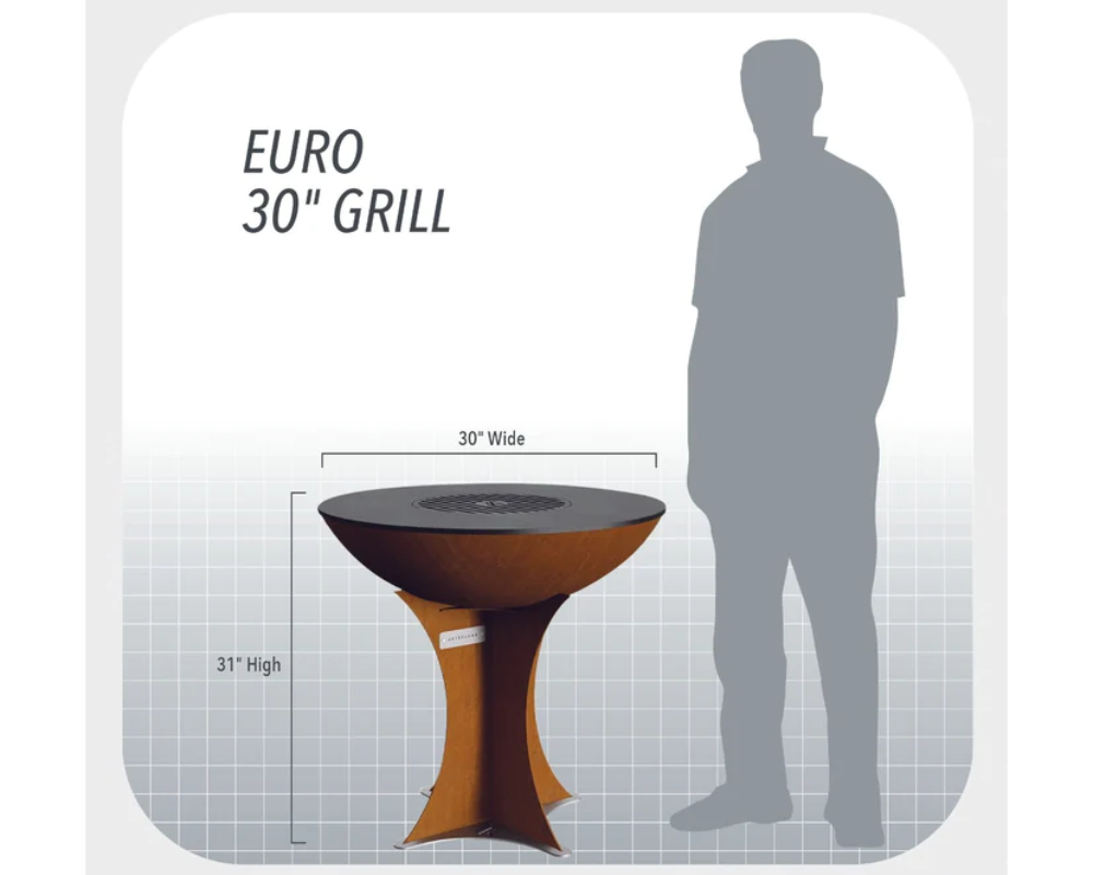 Arteflame Euro 30" Grill size chart – 31" high x 30" wide corten steel fire pit grill compared to adult height

