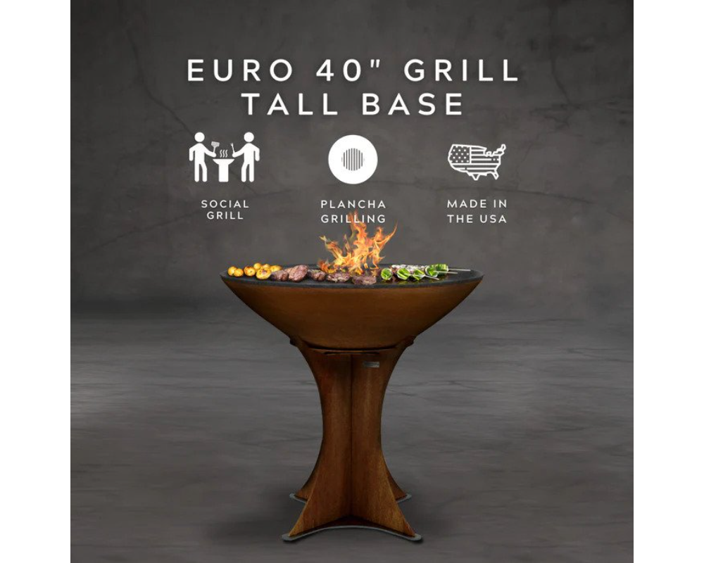 Arteflame Euro 40" Tall Base Grill promotional banner highlighting social grill, plancha grilling, and Made in USA features