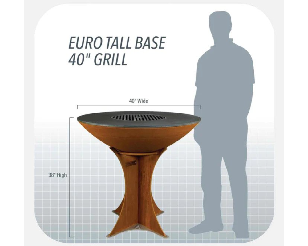 Arteflame Euro Tall Base 40" Grill size chart – 38" high x 40" wide corten steel fire pit grill compared to adult height