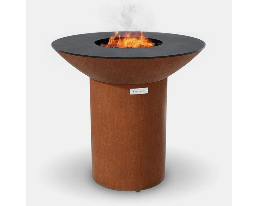 Arteflame Classic 40" Corten Steel Grill with Tall Round Cylinder Base, black flat-top cooking surface and center flame
