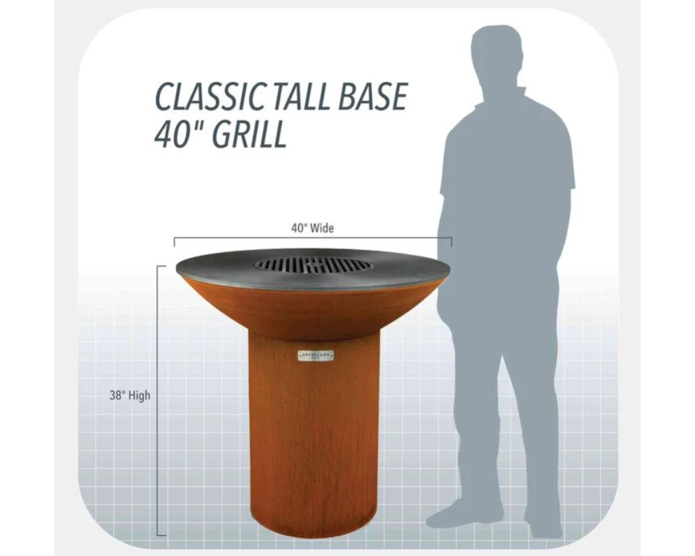 Arteflame Classic 40" Tall Round Base Grill size chart – 38" high x 40" wide corten steel fire pit grill vs adult height