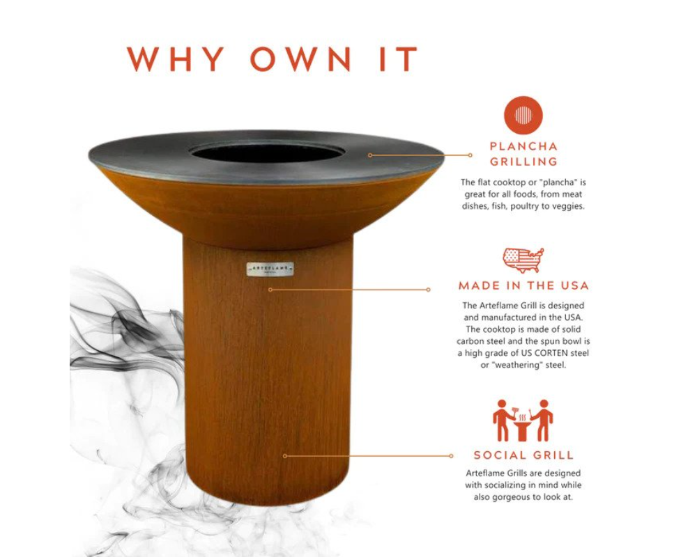 Arteflame Classic 40" Corten Steel Grill features infographic – plancha grilling, Made in USA, social grill design