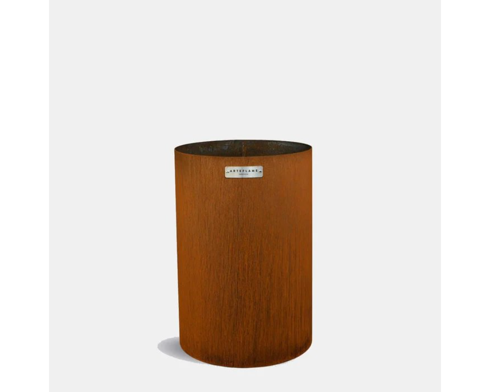 Arteflame Classic Round Corten Steel Grill Base stand with weathered rust finish, cylinder design front view