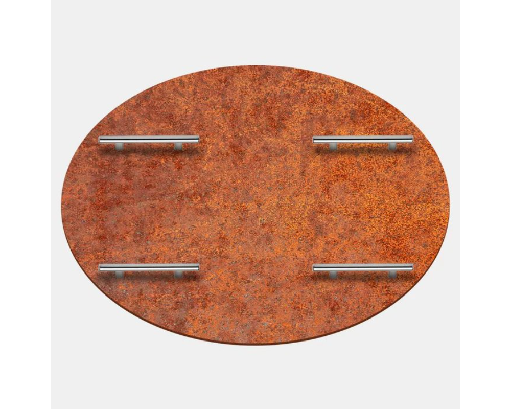 Arteflame 40" Corten Steel Fire Pit Cover top view with four stainless steel handles and weathered rust finish