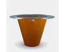 Arteflame outdoor grill with stainless steel flat top, center fire grate, and tapered corten steel base