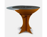Arteflame outdoor grill with flat steel cooktop, side shelf, center grate, and hourglass corten steel pedestal base