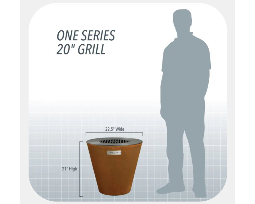 Arteflame One Series 20" Grill size chart – 21" high x 22.5" wide corten steel wood fire grill compared to adult height