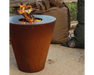 Arteflame One Series 20" Corten Steel Wood Fire Grill with open wood fire flame on outdoor patio with bean bag seating