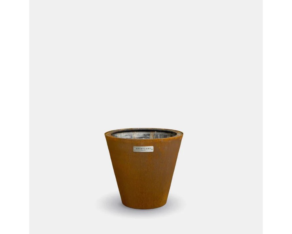 Arteflame One Series 20" Corten Steel Wood Fire Grill conical base with weathered steel finish, top view unlit