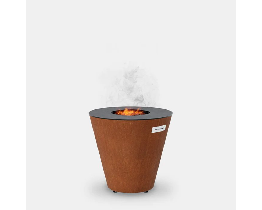 Arteflame One Series 20" Corten Steel Wood Fire Grill with conical base, black flat-top cooking surface and center flame