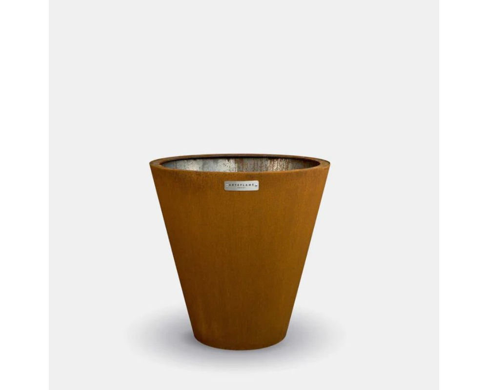 Arteflame One Series 30" Corten Steel Charcoal Grill conical fire bowl with weathered steel finish, unlit top view