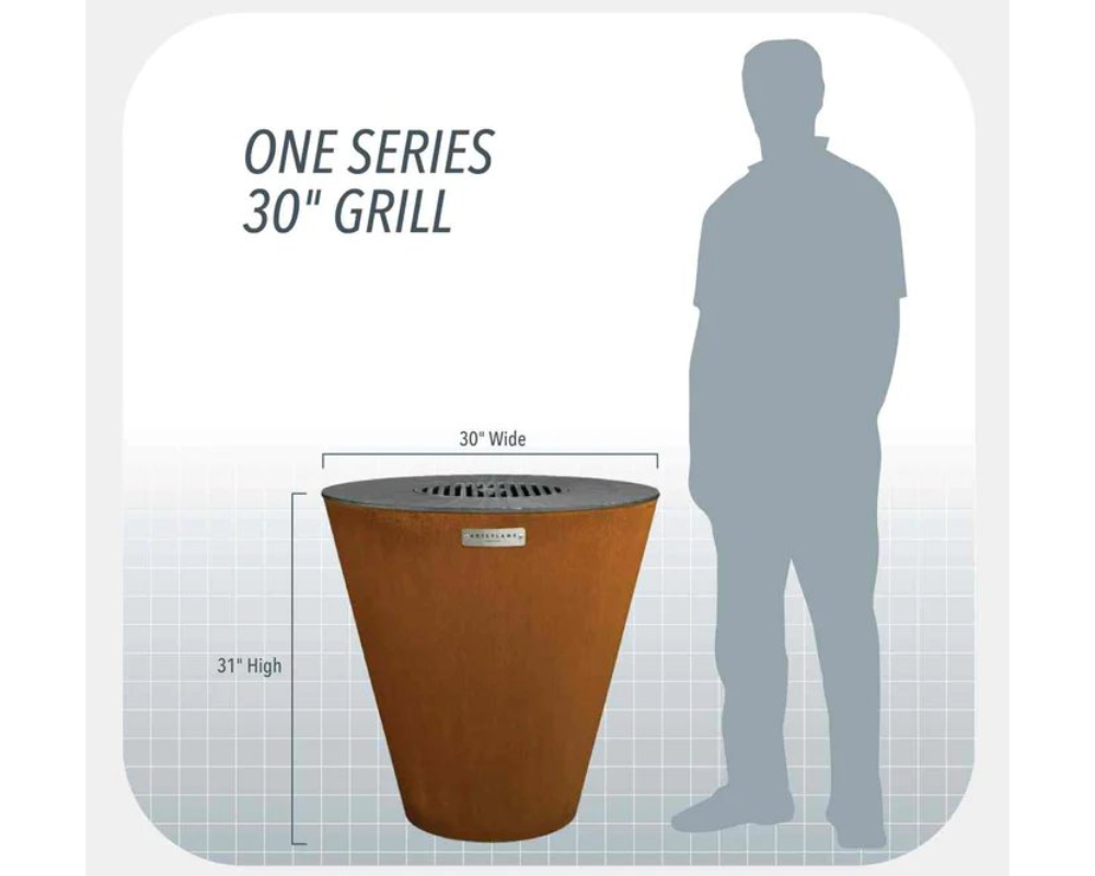 Arteflame One Series 30" Grill size chart – 31" high x 30" wide corten steel charcoal grill compared to adult height