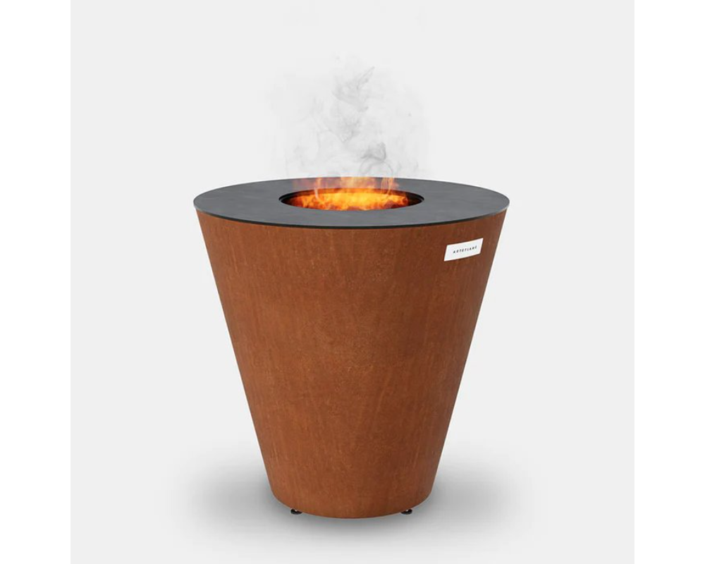 Arteflame One Series 30" Corten Steel Charcoal Grill with conical base, black flat-top cooking surface and center flame