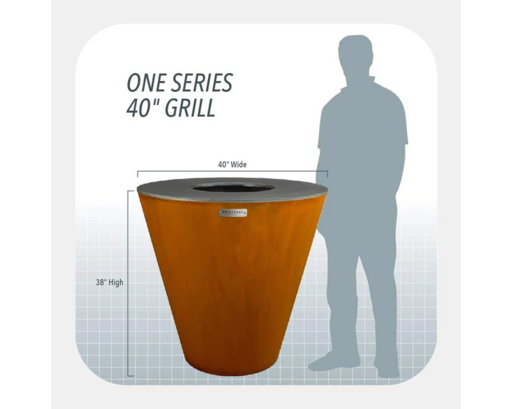 Arteflame One Series 40" Grill size chart – 38" high x 40" wide corten steel fire bowl grill compared to adult height