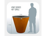 Arteflame One Series 40" Grill size chart – 38" high x 40" wide corten steel fire bowl grill compared to adult height