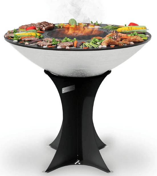 Arteflame Classic 40" Brushed Steel Grill with Tall Black Euro Base grilling steaks, chicken, and vegetables on flat-top