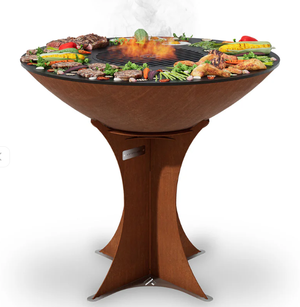Arteflame Classic 40" Corten Steel Grill with Tall Euro Base grilling steaks, shrimp, corn, and vegetables on flat-top