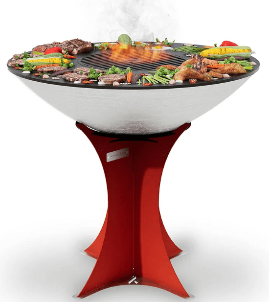 Arteflame Classic 40" Brushed Steel Grill with Tall Red Euro Base grilling steaks, chicken, and vegetables on flat-top