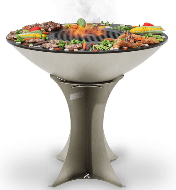 Arteflame Classic 40" Stainless Steel Grill with Tall Euro Base grilling steaks, chicken, and vegetables on flat-top surface