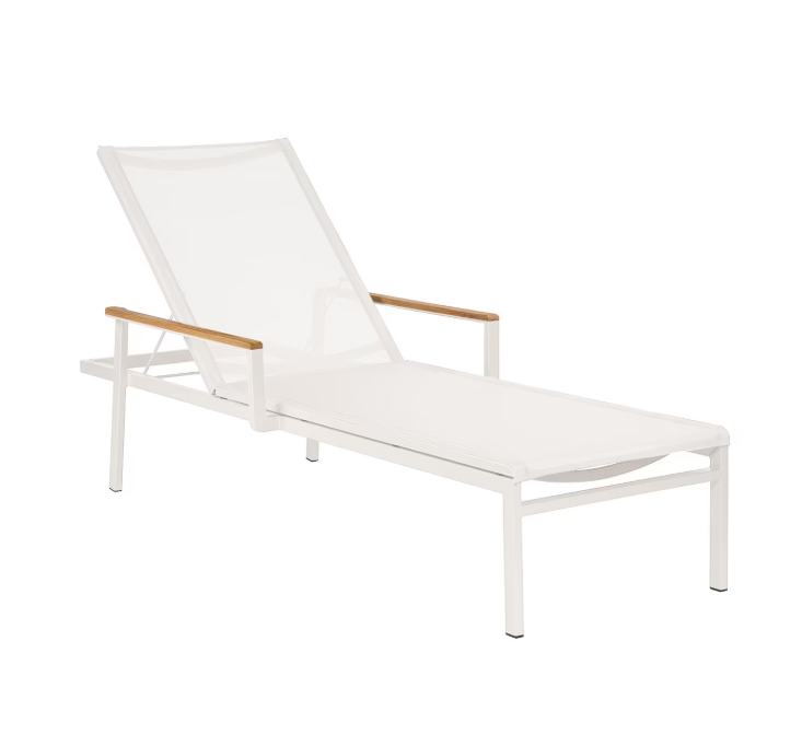 Barlow Tyrie Aura sling chaise lounge arctic white frame pearl sling teak armrests white background