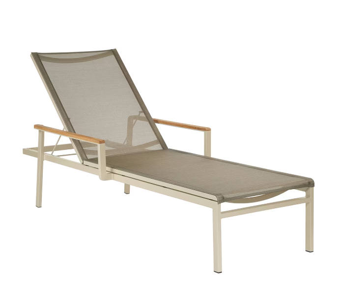 Barlow Tyrie Aura sling chaise lounge champagne frame titanium sling teak armrests white background
