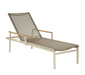 Barlow Tyrie Aura sling chaise lounge champagne frame titanium sling teak armrests white background
