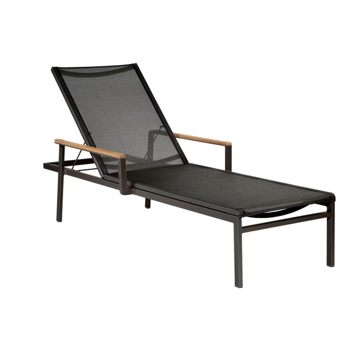 Barlow Tyrie Aura sling chaise lounge graphite frame charcoal sling teak armrests white background

