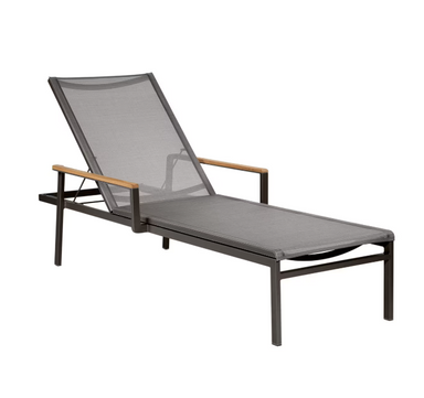 Barlow Tyrie Aura sling chaise lounge graphite frame platinum sling teak armrests white background
