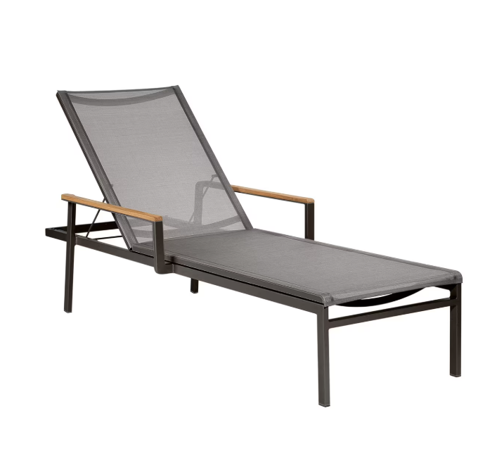 Barlow Tyrie Aura sling chaise lounge graphite frame platinum sling teak armrests white background
